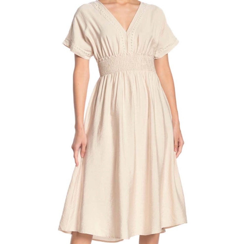 Smocked Waist Embroidered Midi Dress